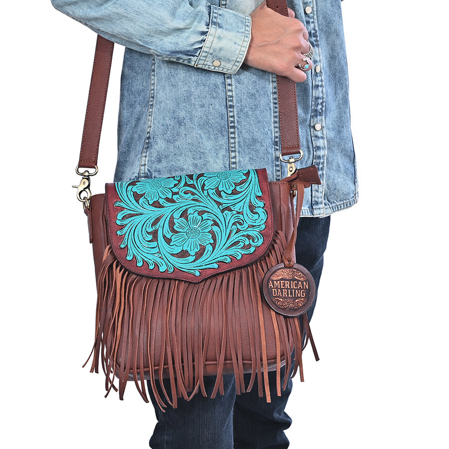 American Darling Cross body Bag Western Hand Tooled Floral Genuine Leather Purse with Fringes and YKK Zipper