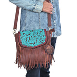 American Darling Cross body Bag Western Hand Tooled Floral Genuine Leather Purse with Fringes and YKK Zipper