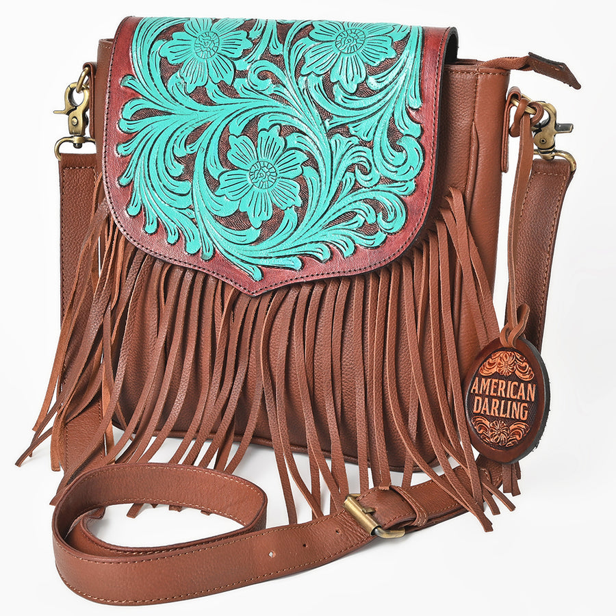 American Darling Handcrafted Hand Tooled Leather Western Cross body Bag with Fringes - Uhorse