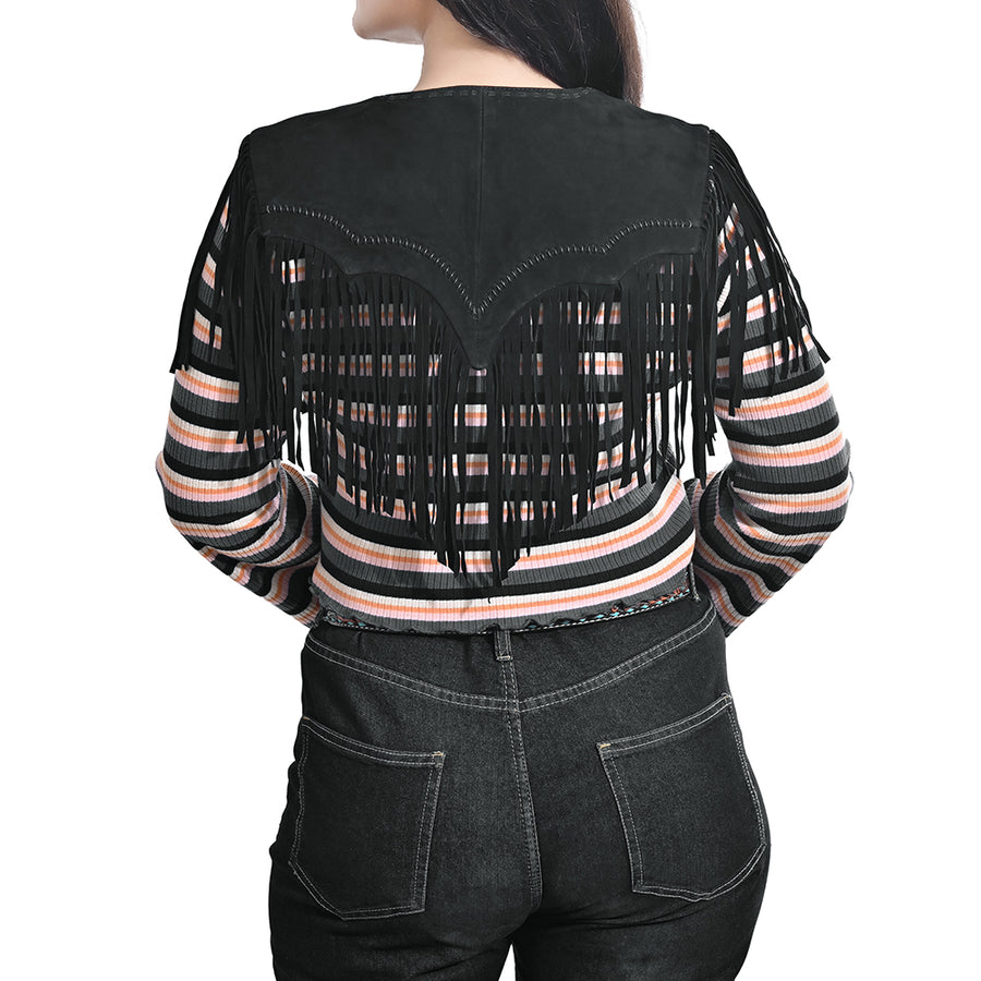 American Darling Women’s Genuine Suede Leather Fringe Vest - Western Cropped Cowgirl Yoke Black Boho Fringe Cape