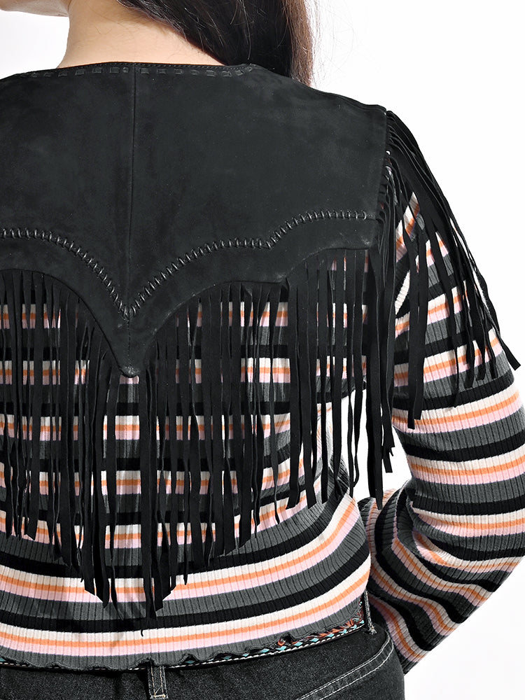 American Darling Women’s Genuine Suede Leather Fringe Vest - Western Cropped Cowgirl Yoke Black Boho Fringe Cape