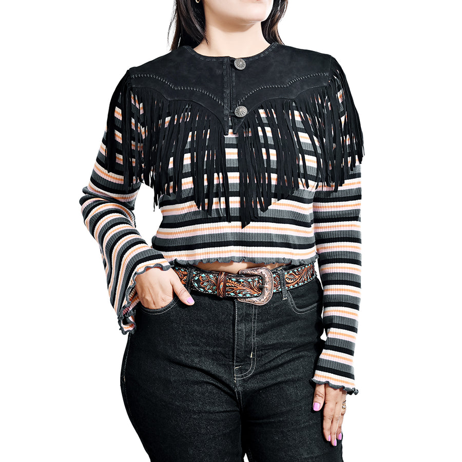 American Darling Women's Genuine Suede Leather Fringe Vest - Western Cropped Cowgirl Yoke Black Boho Fringe Cape - Uhorse