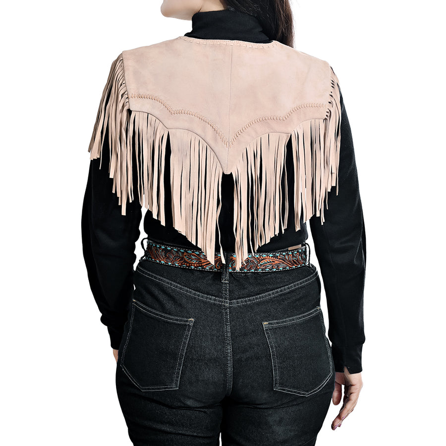 American Darling Women’s Genuine Suede Leather Fringe Vest - Western Cropped Cowgirl Yoke Tan Boho Fringe Cape
