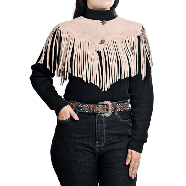 American Darling Women's Genuine Suede Leather Fringe Vest - Western Cropped Cowgirl Yoke Tan Boho Fringe Cape - Hilason