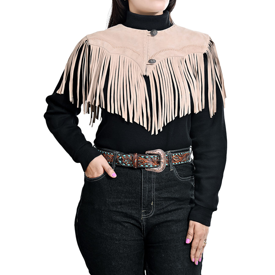 American Darling Women's Genuine Suede Leather Fringe Vest - Western Cropped Cowgirl Yoke Tan Boho Fringe Cape - Hilason