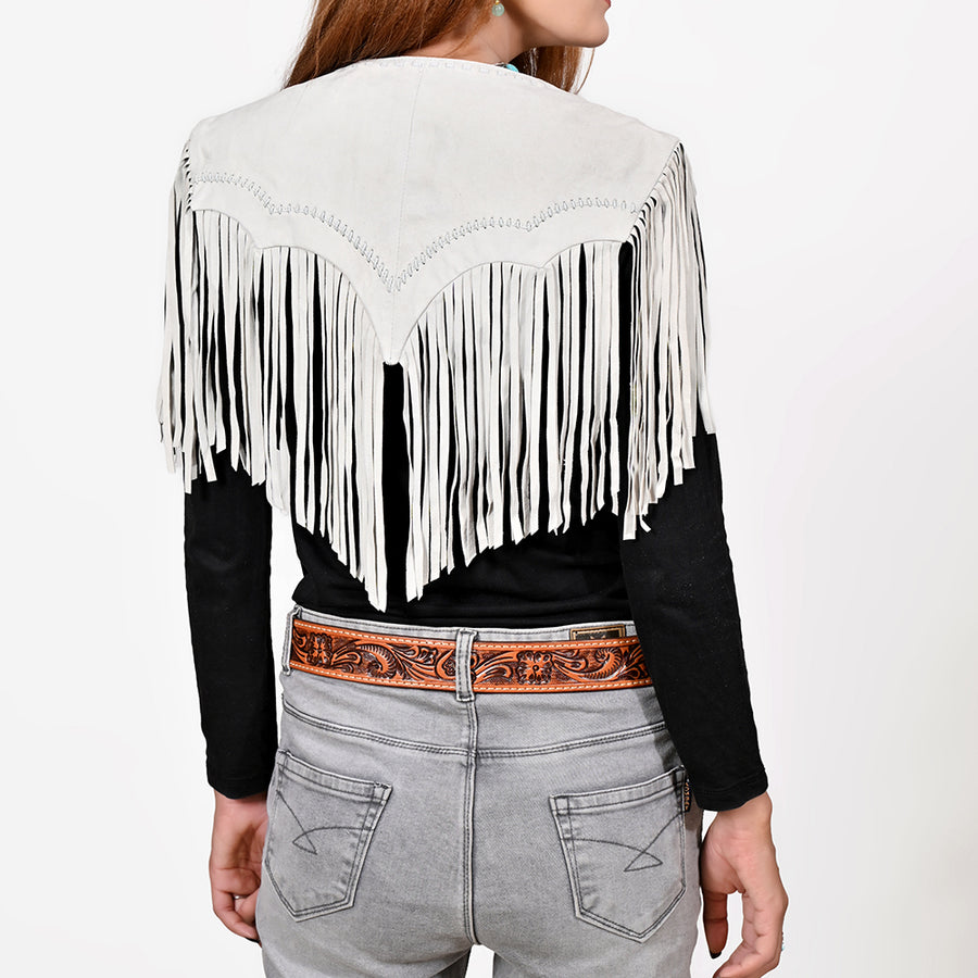 American Darling Women’s Genuine Suede Leather Fringe Vest - Western Cropped Cowgirl Yoke White Boho Fringe Cape