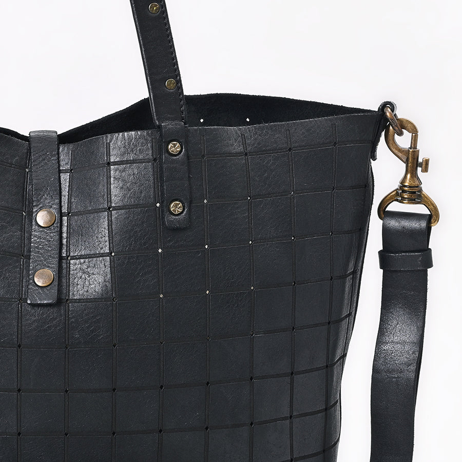 Spaghetti Western Leather Tote Bag for Women – Grid Pattern Genuine Leather Crossbody Shoulder Bag