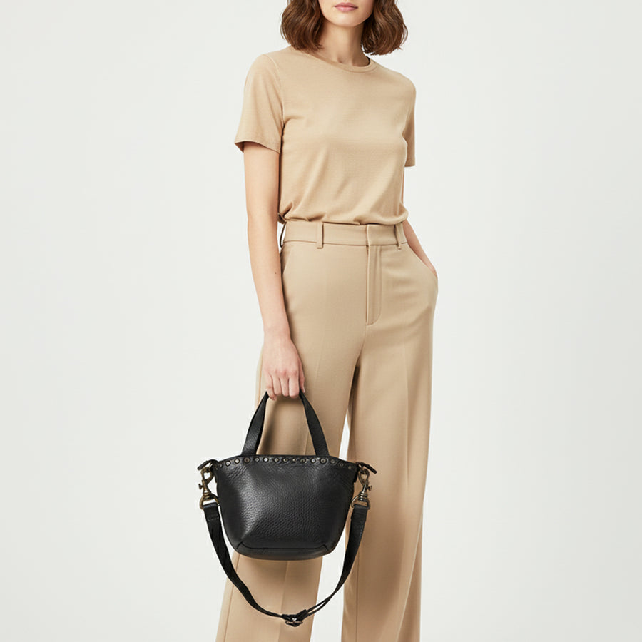 Spaghetti Western Mini Full Grain Leather Tote Bag for Women Small Bucket Style Handbag with YKK Zipper Rivet Detail