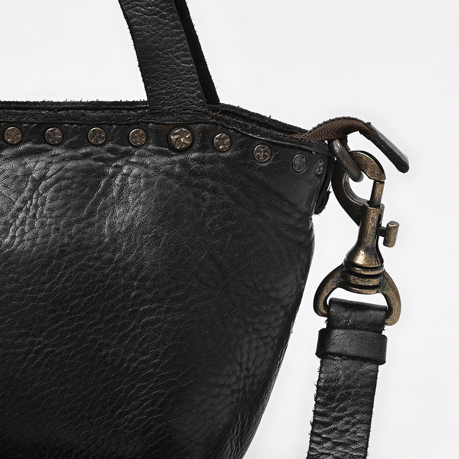 Spaghetti Western Mini Full Grain Leather Tote Bag for Women Small Bucket Style Handbag with YKK Zipper Rivet Detail