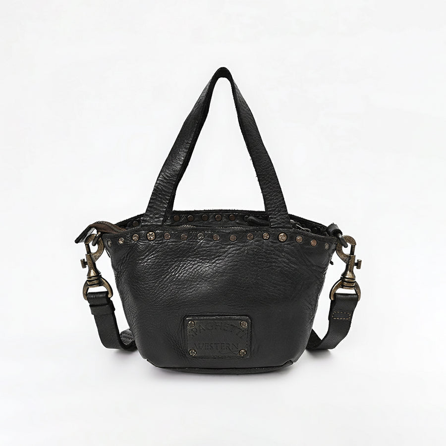 Spaghetti Western Mini Full Grain Leather Tote Bag for Women Small Bucket Style Handbag with YKK Zipper Rivet Detail