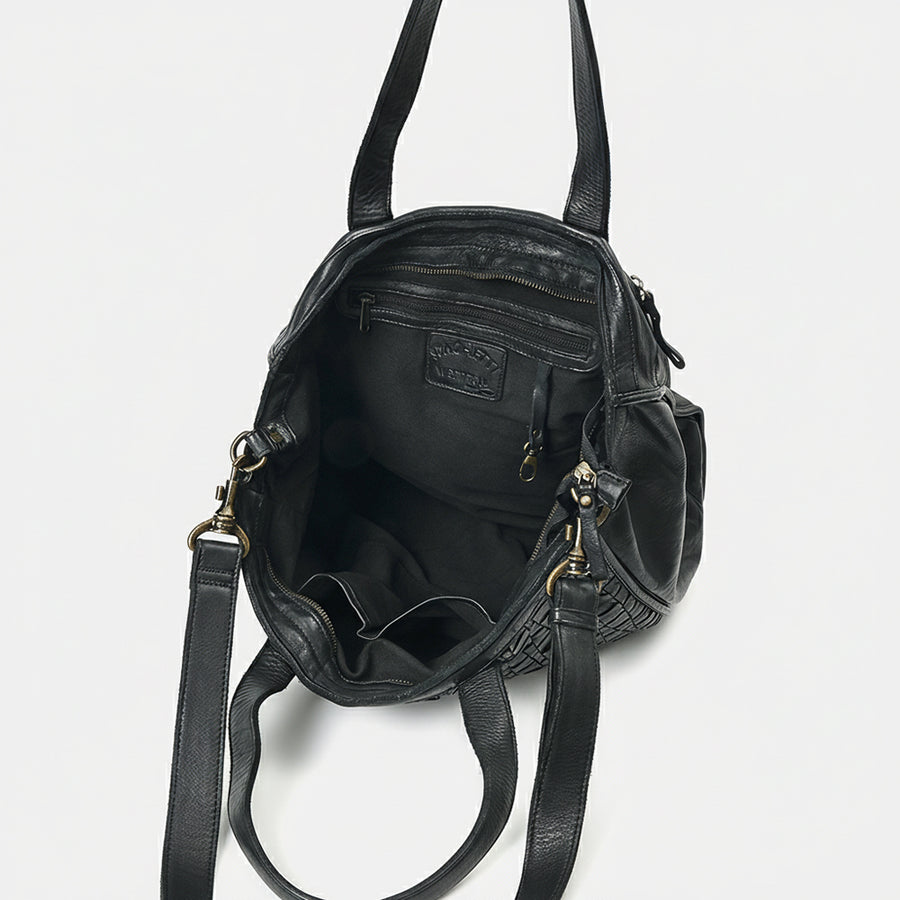 Spaghetti Western Leather Tote Bag for Women, Black Woven Purse