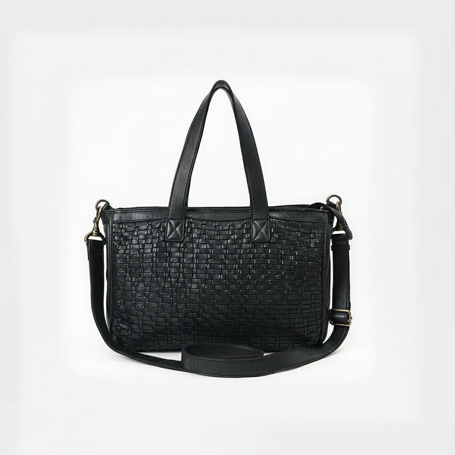 Spaghetti Western Leather Tote Bag for Women, Black Woven Purse