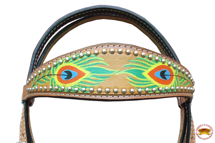 HILASON Western Horse Headstall Tack Genuine American Leather Tan Peacock Feather Printed