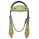 HILASON Western Horse Headstall Tack  American Leather Tan Peacock Feather