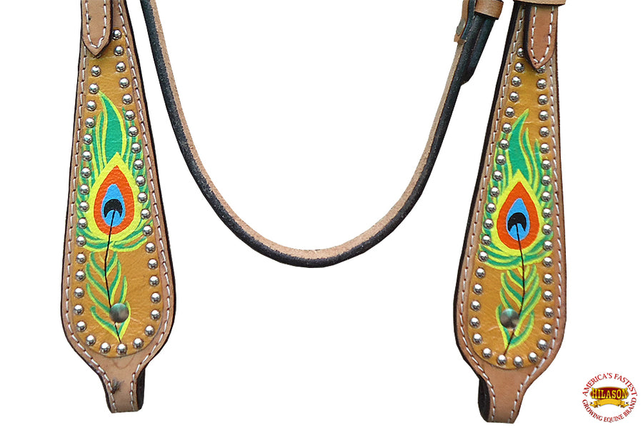 HILASON Western Horse Headstall Tack Genuine American Leather Tan Peacock Feather Printed