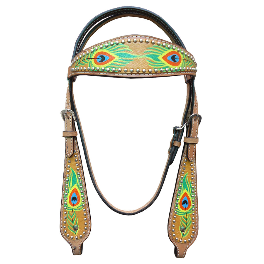 HILASON Western Horse Headstall Tack American Leather Tan Peacock Feather - Uhorse