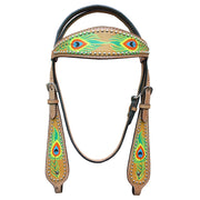 HILASON Western Horse Headstall Tack Genuine American Leather Tan Peacock Feather Printed