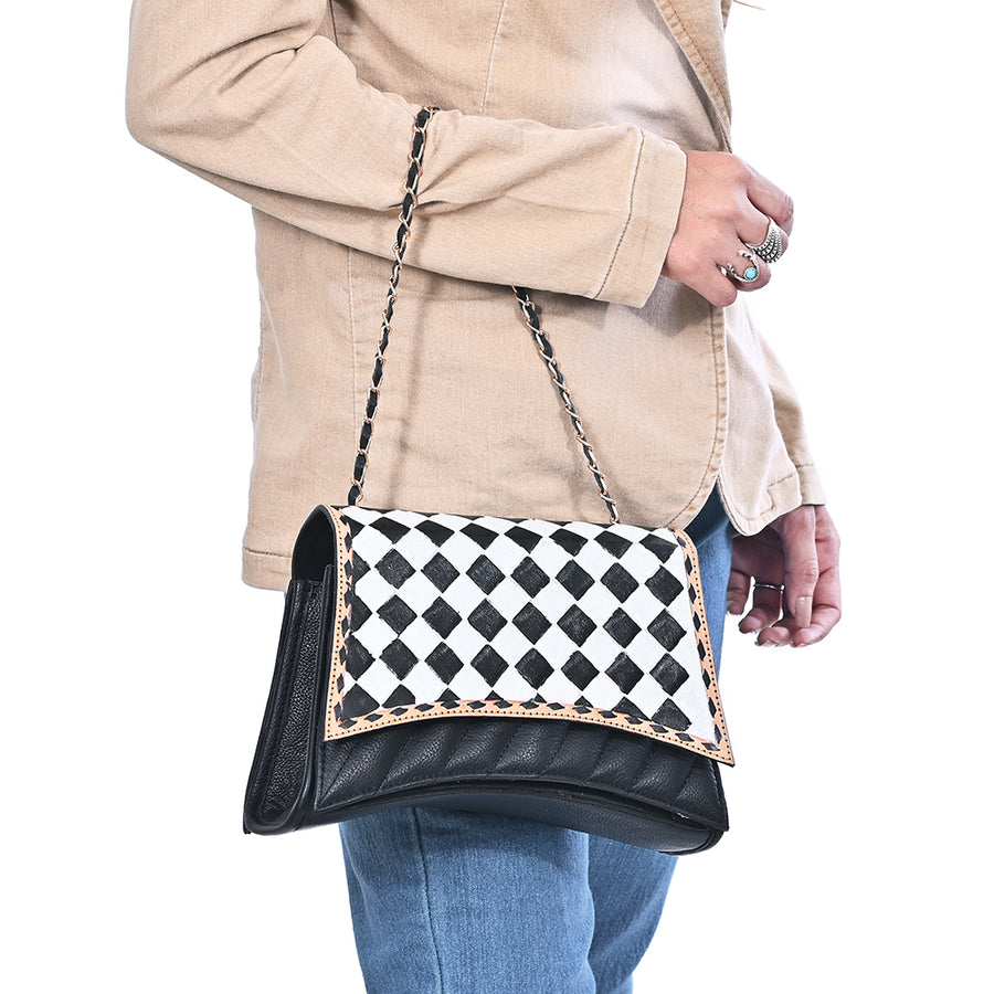 OHLAY High Fashion Checkered Flap Quilted Leather Crossbody Bag Black & White