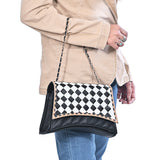OHLAY High Fashion Checkered Flap Quilted Leather Crossbody Bag Black & White