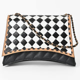 OHLAY High Fashion Checkered Flap Quilted Leather Crossbody Bag Black & White
