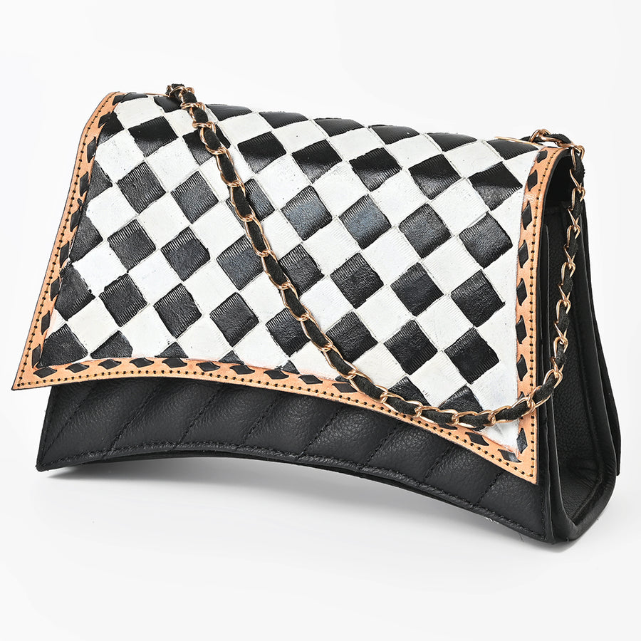 OHLAY High Fashion Checkered Flap Quilted Leather Crossbody Bag Black and White - Uhorse