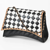 OHLAY High Fashion Checkered Flap Quilted Leather Crossbody Bag Black and White - Uhorse