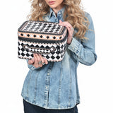 OHLAY Checkered Top Grain Leather Jewelry Box Case Bag Hand-Painted Black White