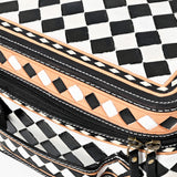 OHLAY Checkered Top Grain Leather Jewelry Box Case Bag Hand-Painted Black White