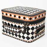 OHLAY Checkered Top Grain Leather Jewelry Box Case Bag Hand-Painted Black White