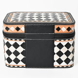 OHLAY Checkered Top Grain Leather Jewelry Box Case Bag Hand-Painted Black White