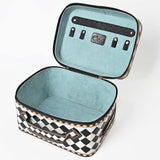 OHLAY Checkered Top Grain Leather Jewelry Box Case Bag Hand-Painted Black White