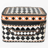 OHLAY Checkered Top Grain Leather Jewelry Box Case Bag Hand-Painted Black White