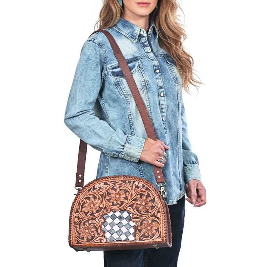 OHLAY Hand-Tooled Leather Crossbody Bag Checkered Cowhide Inlay Floral Carving