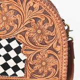 OHLAY Hand-Tooled Leather Crossbody Bag Checkered Cowhide Inlay Floral Carving