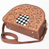 OHLAY Hand-Tooled Leather Crossbody Bag Checkered Cowhide Inlay Floral Carving