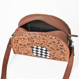 OHLAY Hand-Tooled Leather Crossbody Bag Checkered Cowhide Inlay Floral Carving
