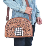 OHLAY Hand-Tooled Leather Crossbody Bag Checkered Cowhide Inlay Floral Carving