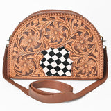 OHLAY Hand-Tooled Leather Crossbody Bag Checkered Cowhide Inlay Floral Carving