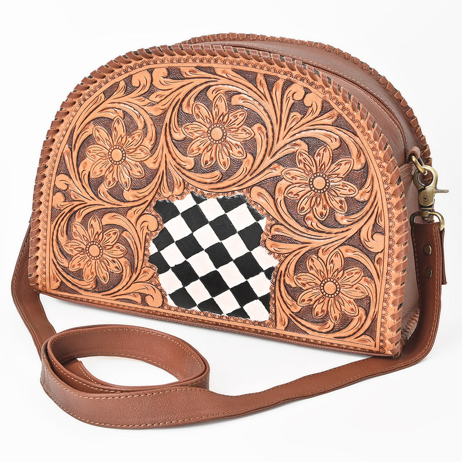 OHLAY Hand-Tooled Leather Crossbody Bag Checkered Cowhide Inlay Floral Carving - Uhorse