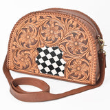 OHLAY Hand-Tooled Leather Crossbody Bag Checkered Cowhide Inlay Floral Carving