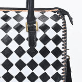 OHLAY High-Contrast Checkered Top Grain Leather Tote Bag Purse Black & White