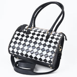 OHLAY High-Contrast Checkered Top Grain Leather Tote Bag Purse Black & White