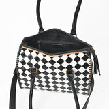 OHLAY High-Contrast Checkered Top Grain Leather Tote Bag Purse Black & White