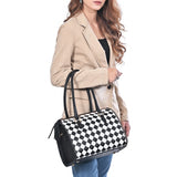 OHLAY High-Contrast Checkered Top Grain Leather Tote Bag Purse Black & White
