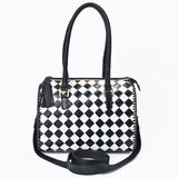 OHLAY High-Contrast Checkered Top Grain Leather Tote Bag Purse Black & White