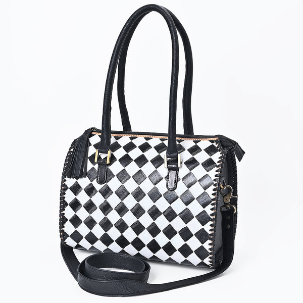 OHLAY High-Contrast Checkered Top Grain Leather Tote Bag Purse Black and White - Uhorse
