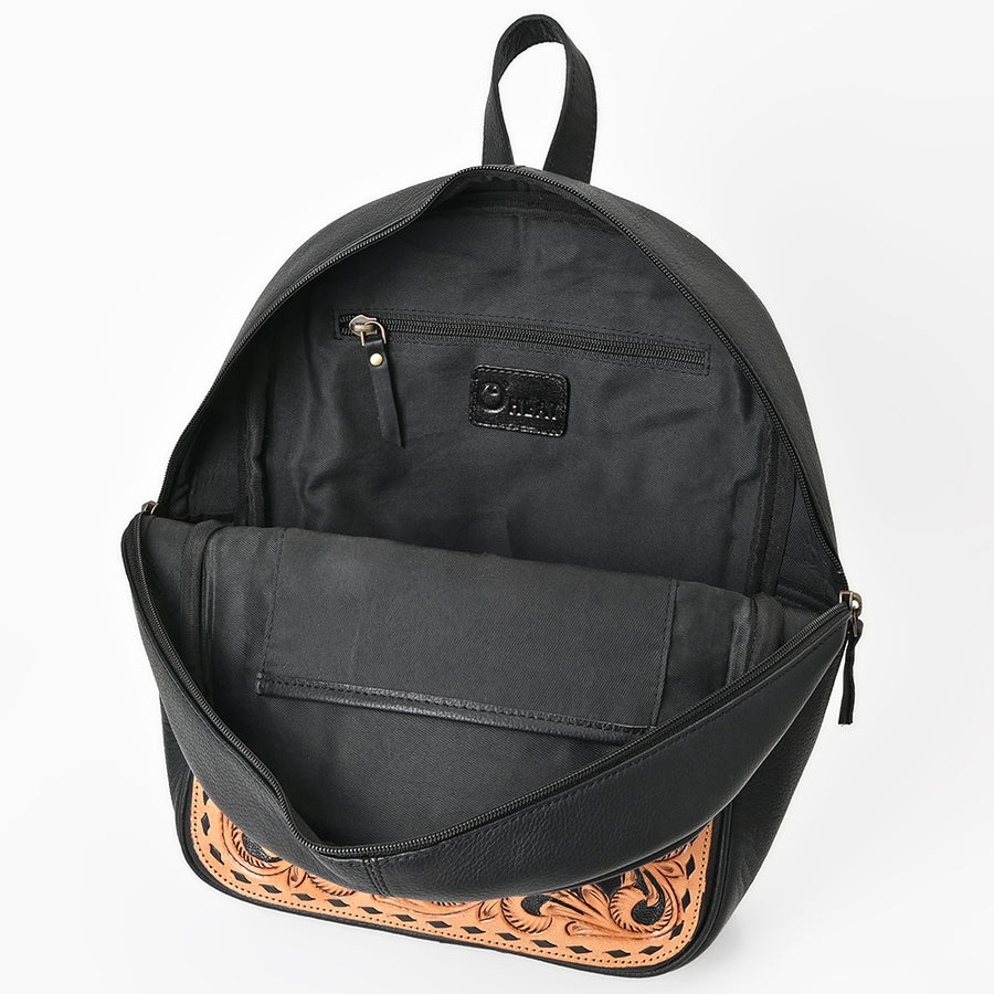 OHLAY Leather Backpack Hand-Tooled Floral Trim Black & White Checkered Panel