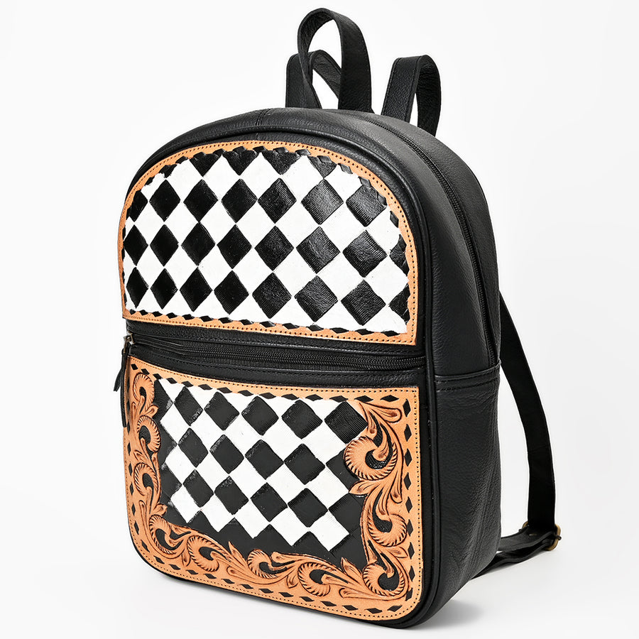 OHLAY Leather Backpack Hand-Tooled Floral Trim Black and White Checkered Panel - Uhorse