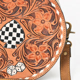 OHLAY Hand-Tooled Canteen Bag Checkered Spade Dice Motif Hair-on Cowhide Siding