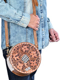OHLAY Hand-Tooled Canteen Bag Checkered Spade Dice Motif Hair-on Cowhide Siding